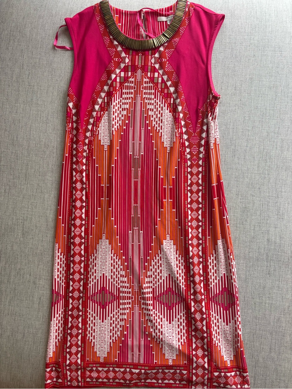 Studio One Pink & Orange Geometric Sleeveless Dress with Decorative Neckline